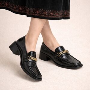 ASOS Design Mimi Square Toe Faux‎ Black Leather Crocodile Loafers Size 5